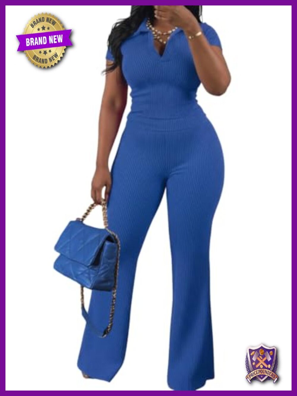 Ribbed 2 Piece Lounge Set Short Sleeve V Neck Polo Top Flare Pants